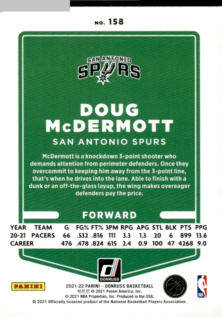 2021-22 Donruss Basketball #158 Doug McDermott (back)