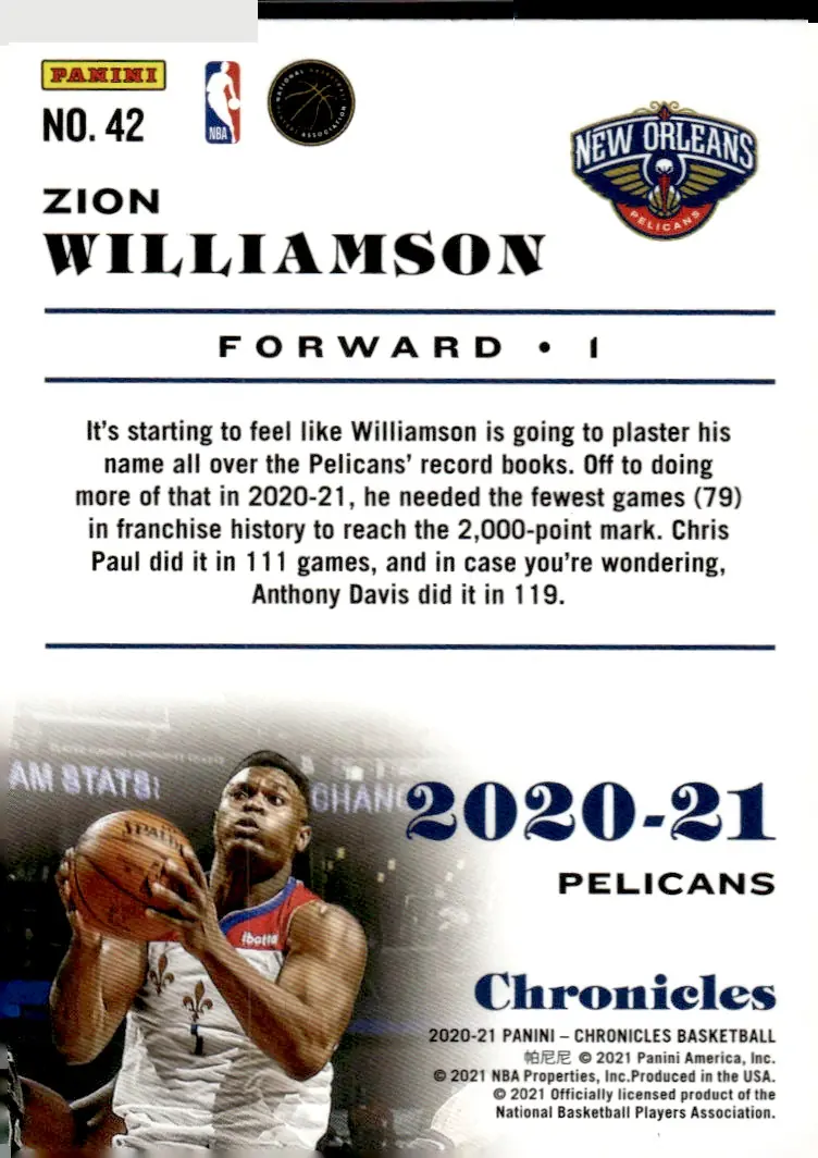 2020-21 Chronicles #42 Zion Williamson (back)