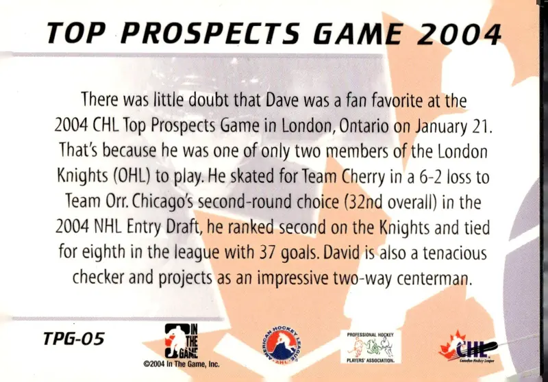 2004-05 In The Game Heroes and Prospects #TPG-05 Dave Bolland (back)