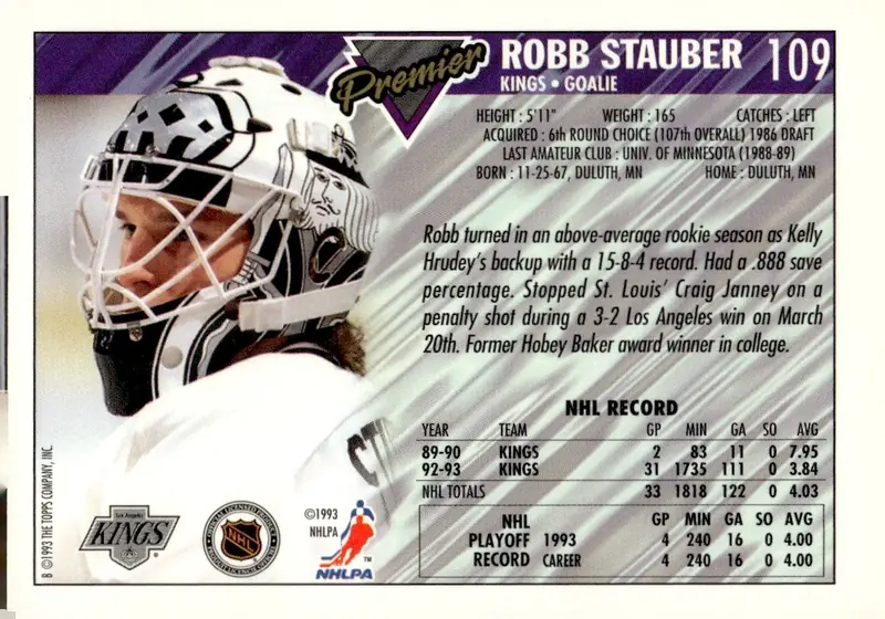 1993-94 Topps Premier #109 Robb Stauber (back)
