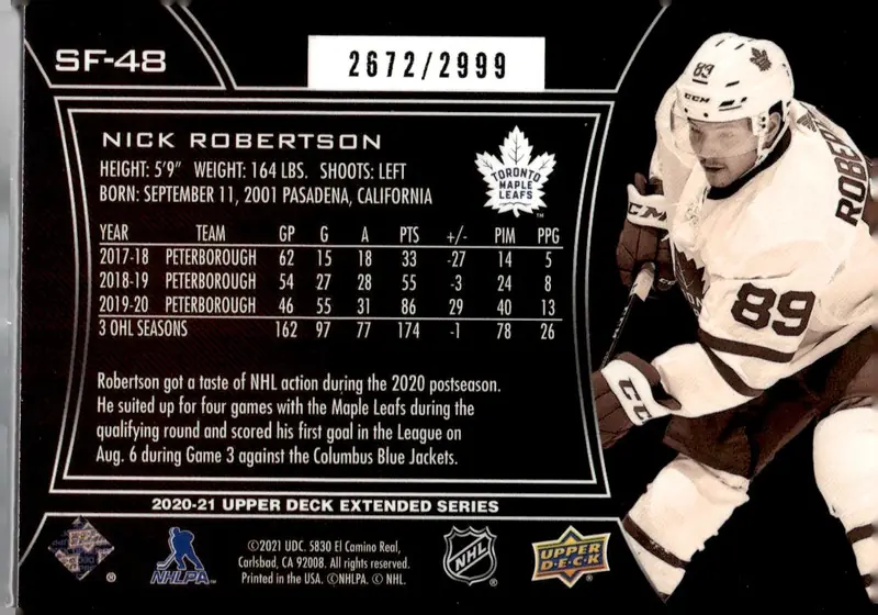 2020-21 Upper Deck Extended Series #SF-48 Nick Robertson (back)