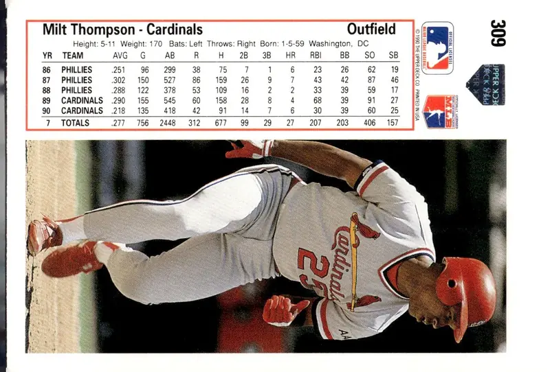 1991 Upper Deck #309 Milt Thompson (back)