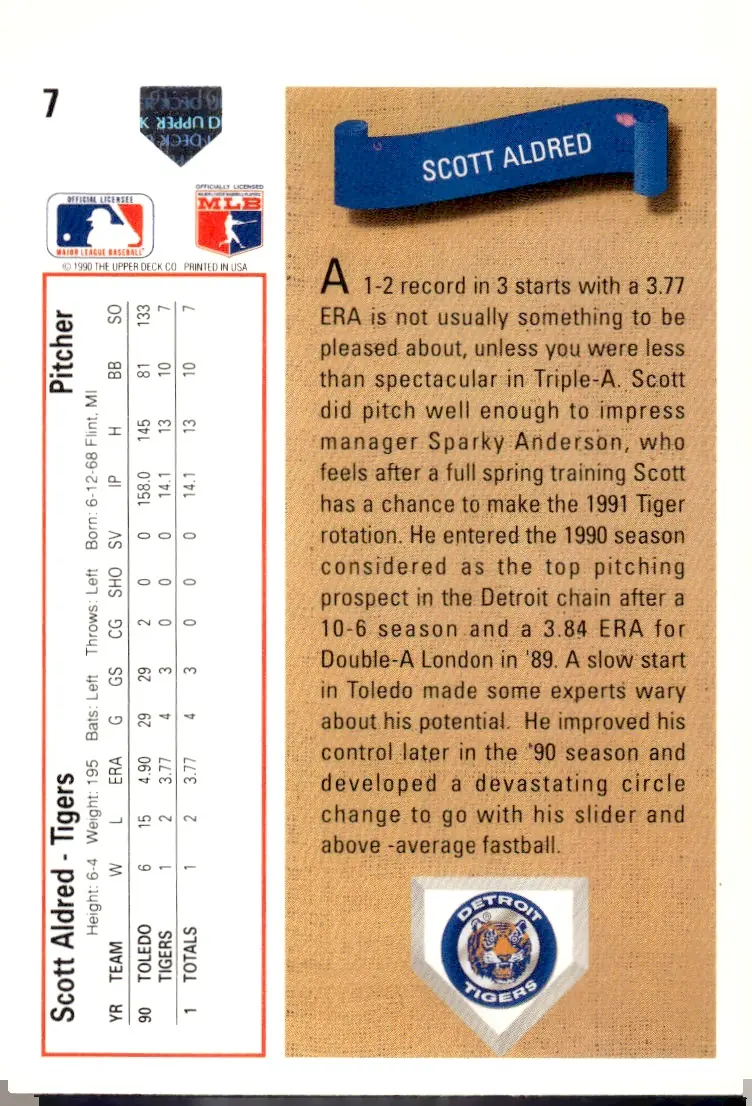 1991 Upper Deck #7 Scott Aldred (back)