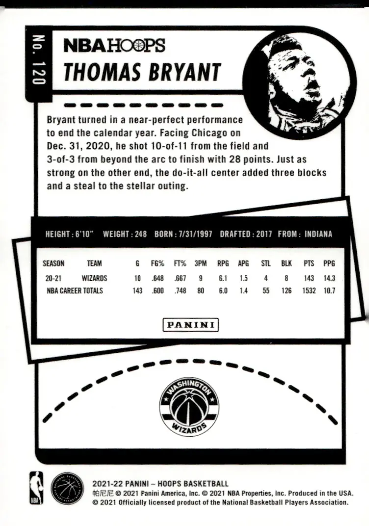2021-22 NBA Hoops #120 Thomas Bryant (back)