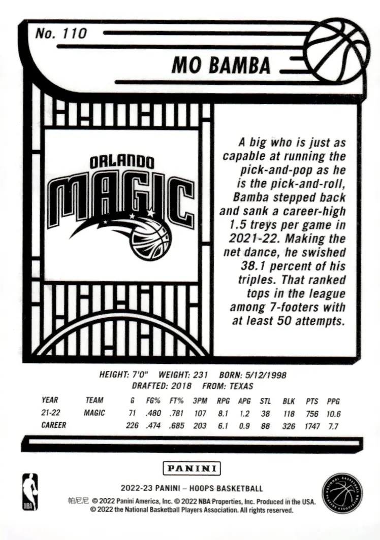 2022-23 NBA Hoops #110 Mo Bamba (back)