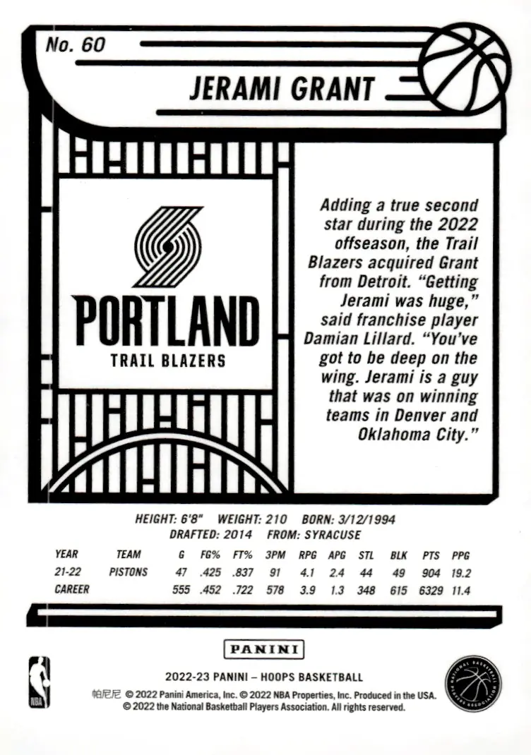 2022-23 NBA Hoops #60 Jerami Grant (back)