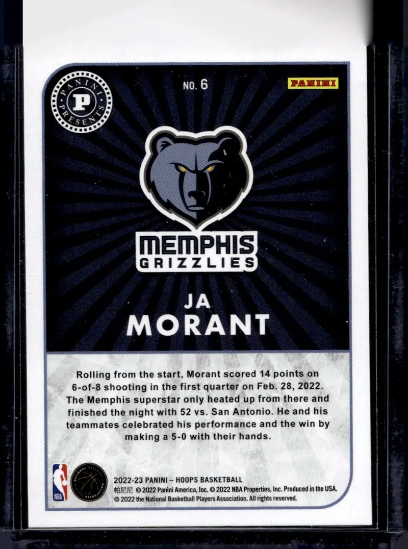 2022-23 NBA Hoops #6 Ja Morant (back)