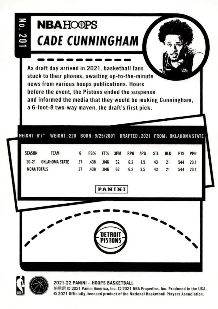 2021-22 NBA Hoops #201 Cade Cunningham (back)