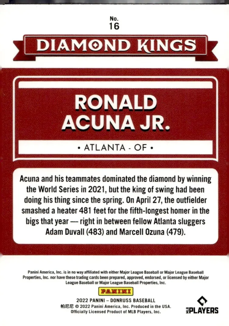 2022 Panini Donruss Baseball #16 Ronald Acuña Jr. (back)