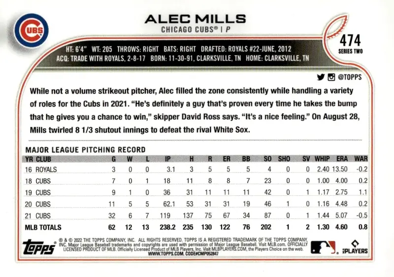 2022 Topps Series 2 #474 Alec Mills (back)