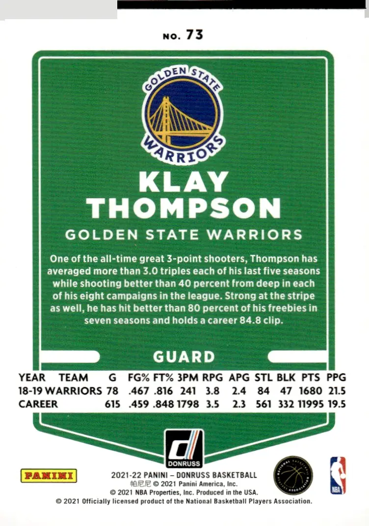 2021-22 Donruss #73 Klay Thompson (back)