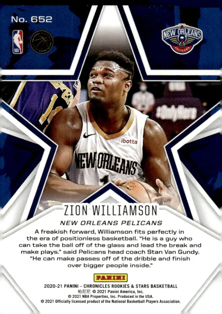 2020-21 Chronicles Basketball #652 Zion Williamson (back)