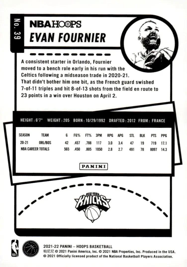 2021-22 NBA Hoops #39 Evan Fournier – Blue (back)