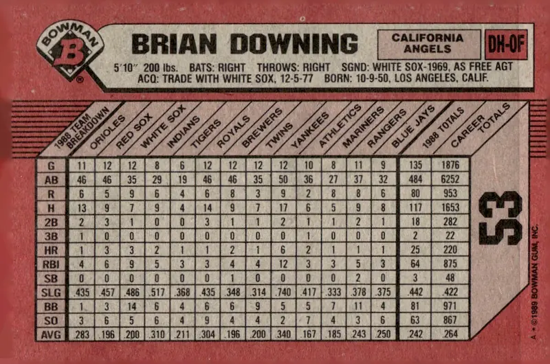 1989 Bowman #53 Brian Downing (back)