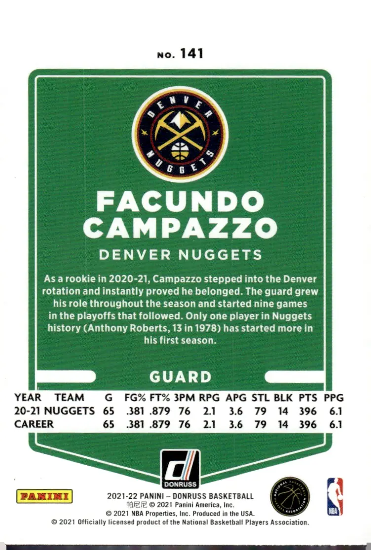 2021-22 Donruss Basketball #141 Facundo Campazzo (back)
