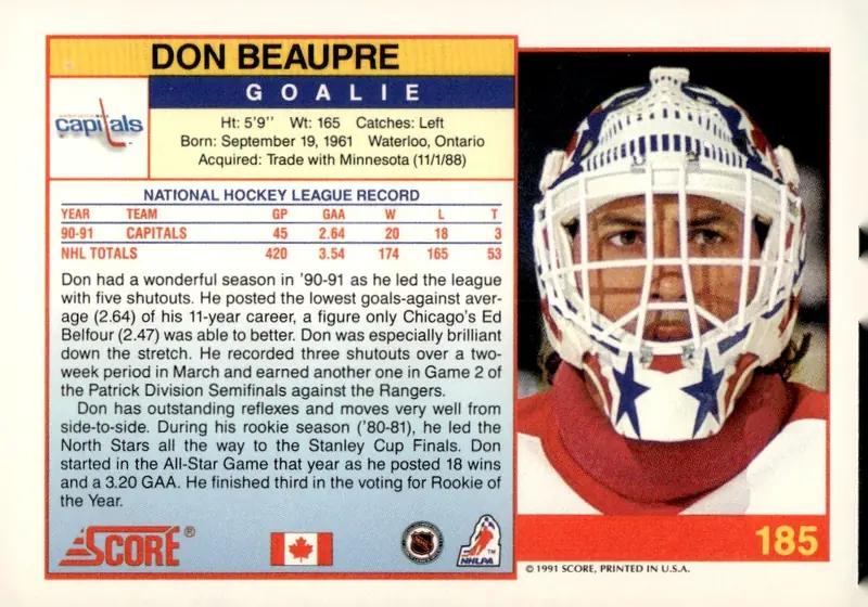 1991-92 Score American #185 Don Beaupre (back)