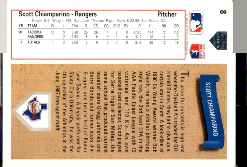 1991 Upper Deck #8 Scott Chiamparino (back)