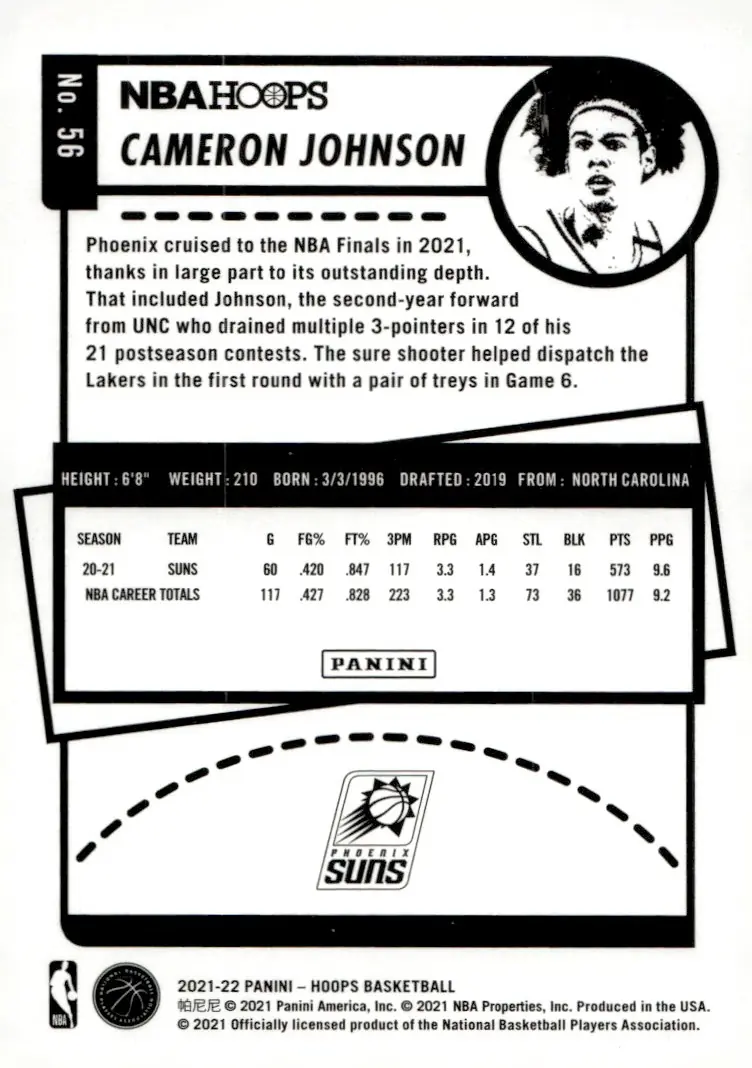 2021-22 NBA Hoops #56 Cameron Johnson (back)