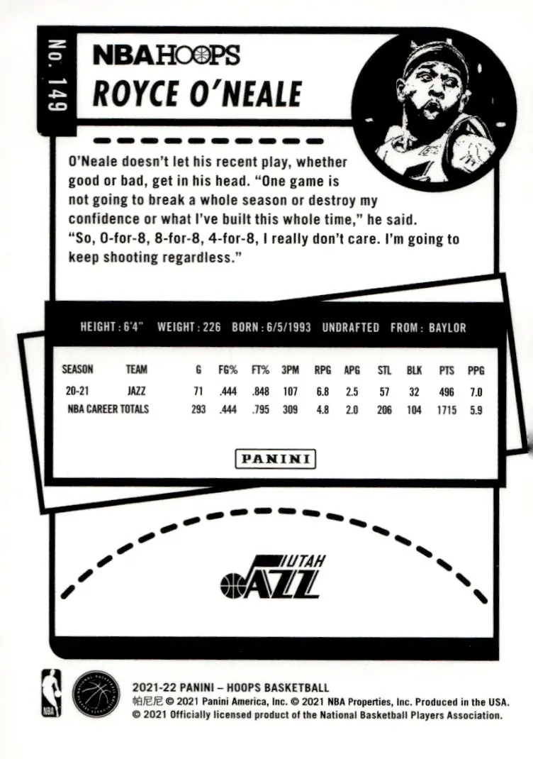 2021-22 NBA Hoops #149 Royce O'Neale (back)