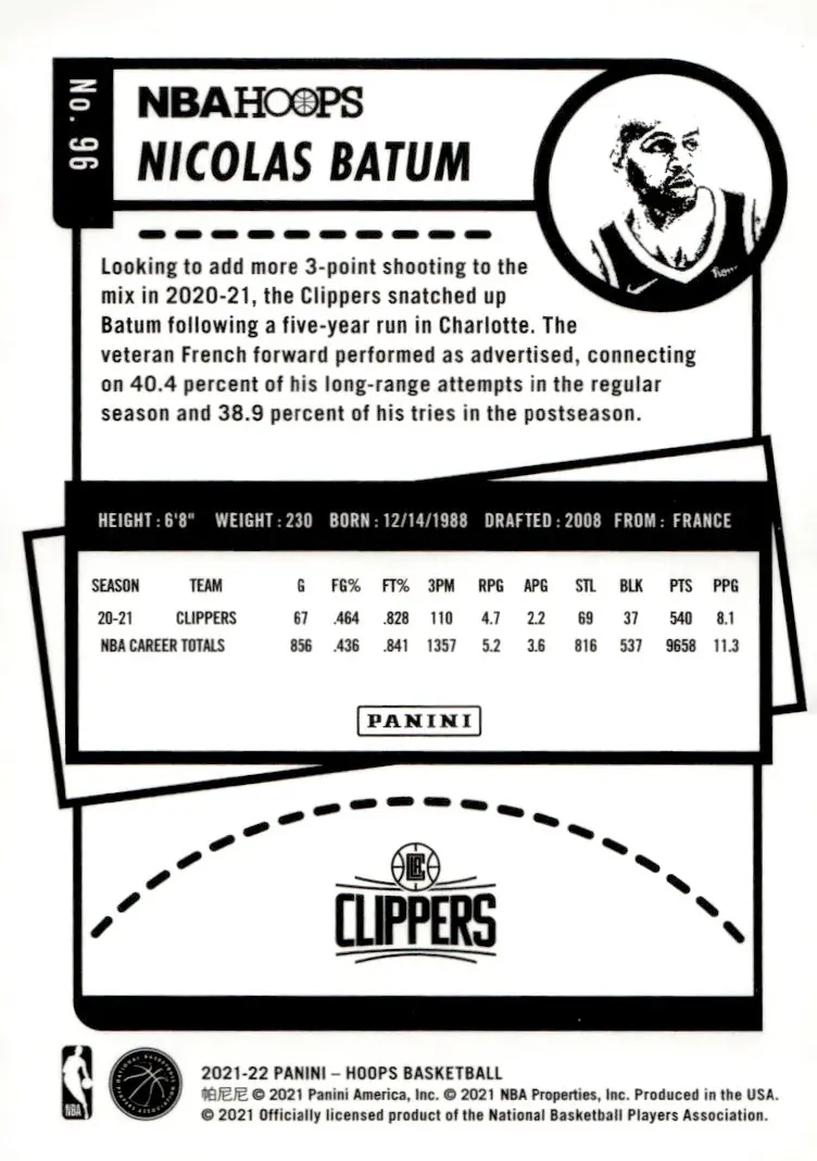 2021-22 NBA Hoops #96 Nicolas Batum (back)