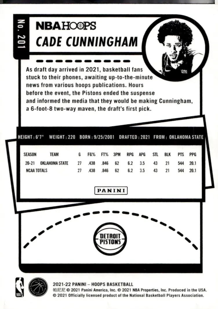 2021-22 NBA Hoops #201 Cade Cunningham (back)