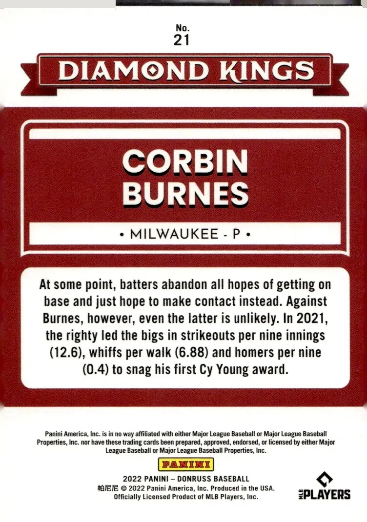 2022 Donruss Baseball #21 Corbin Burnes (back)