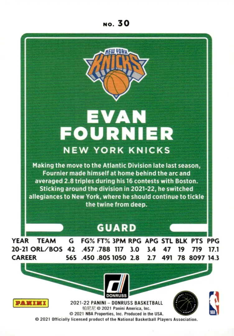 2021-22 Donruss Basketball #30 Evan Fournier (back)