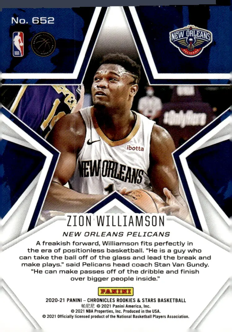 2020-21 Panini Chronicles Basketball #652 Zion Williamson (back)