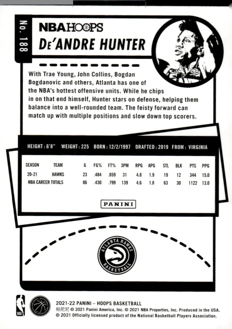 2021-22 NBA Hoops #188 De'Andre Hunter (back)