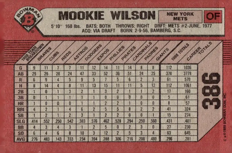 1989 Bowman #386 Mookie Wilson (back)