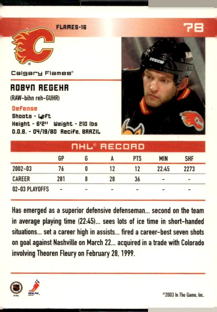 2003-04 In The Game Action #78 Robyn Regehr (back)