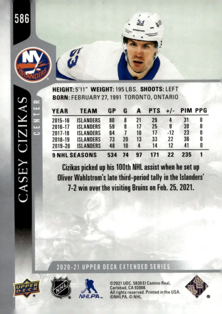 2020-21 Upper Deck Extended Series #586 Casey Cizikas (back)