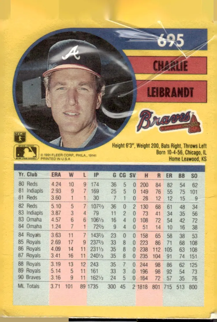 1991 Fleer #695 Charlie Leibrandt (back)