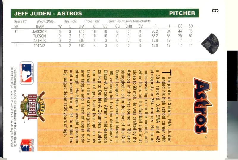 1992 Upper Deck #6 Jeff Juden (back)