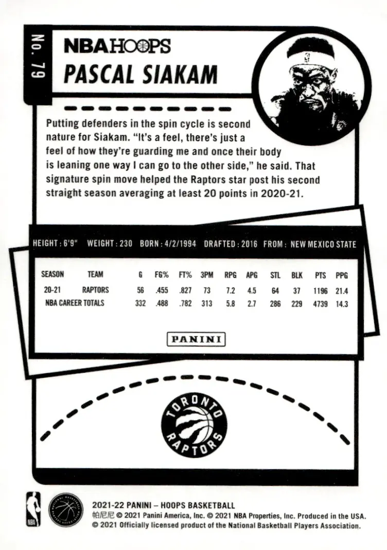 2021-22 NBA Hoops #79 Pascal Siakam (back)