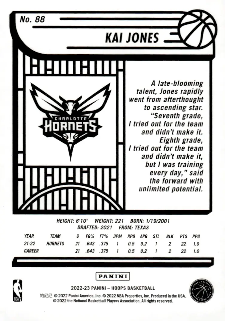 2022-23 NBA Hoops #88 Kai Jones (back)