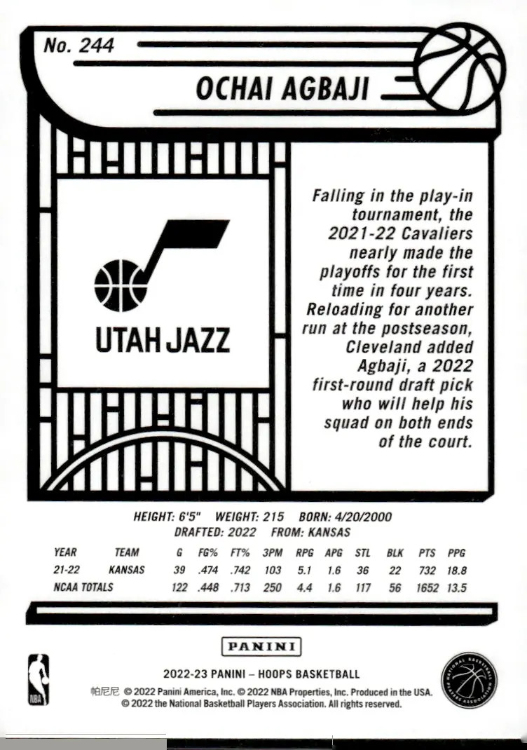 2022-23 NBA Hoops #244 Ochai Agbaji (back)