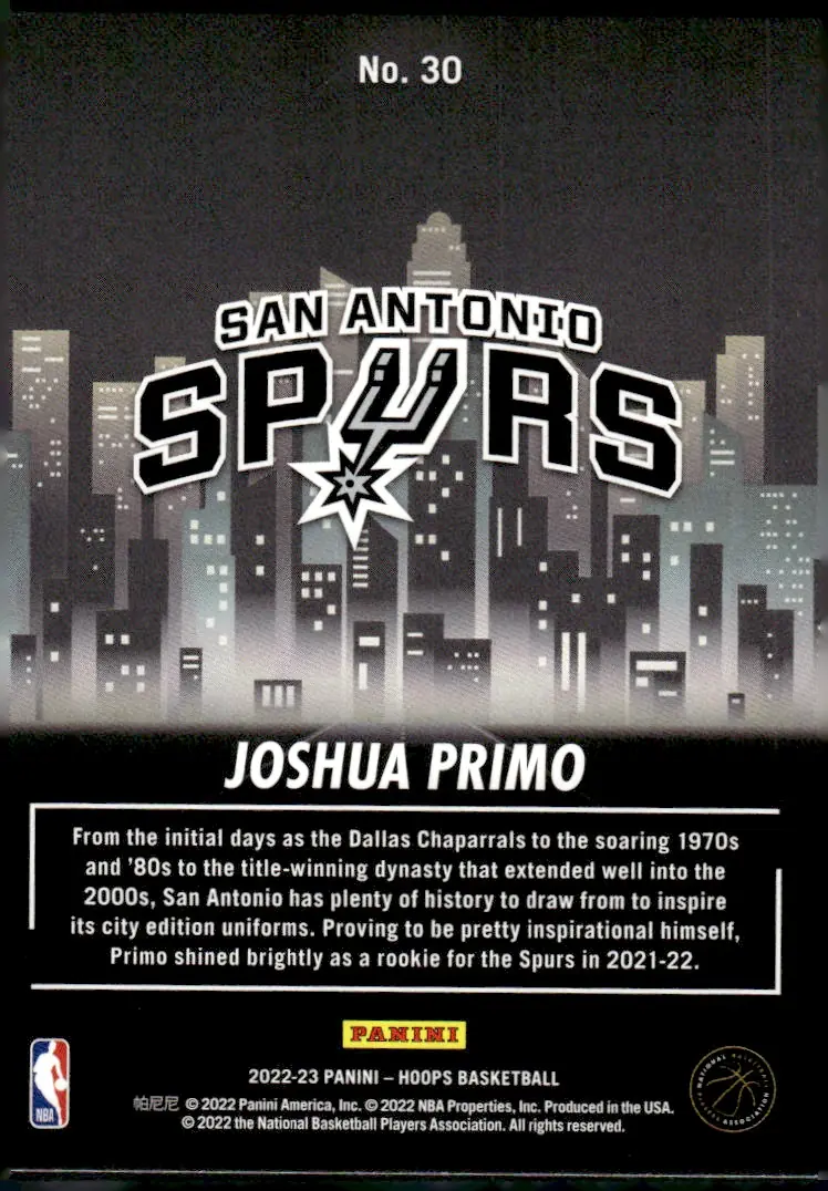 2022-23 NBA Hoops #30 Joshua Primo (back)