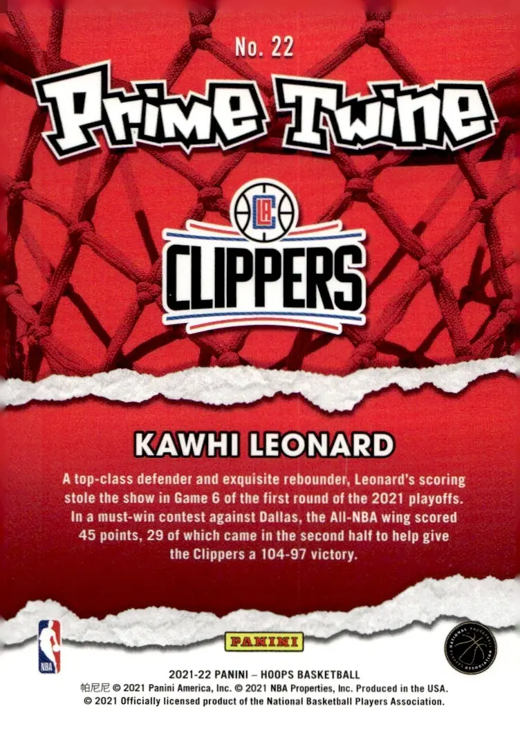 2021-22 NBA Hoops #22 Kawhi Leonard (back)