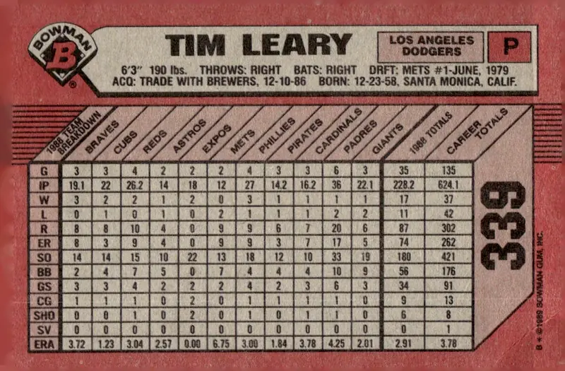 1989 Bowman #339 Tim Leary (back)