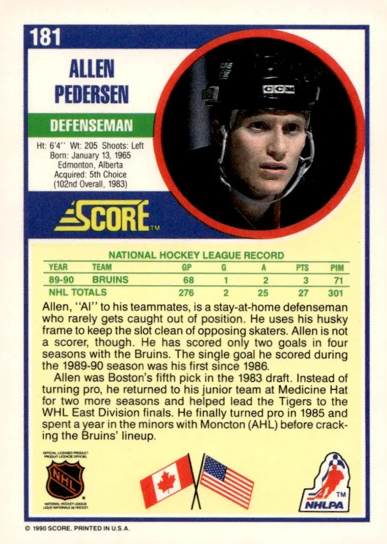 1990-91 Score (American) #181 Allen Pedersen (back)