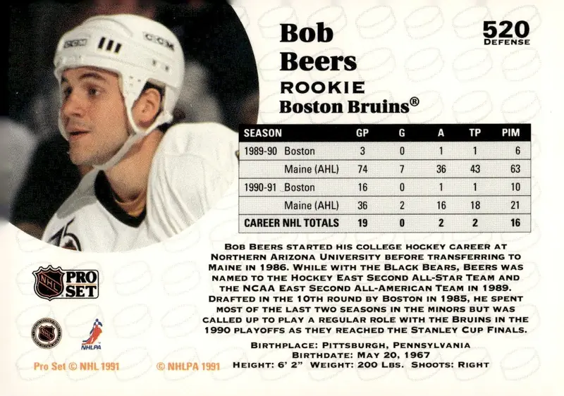 1991-92 Pro Set #520 Bob Beers (back)