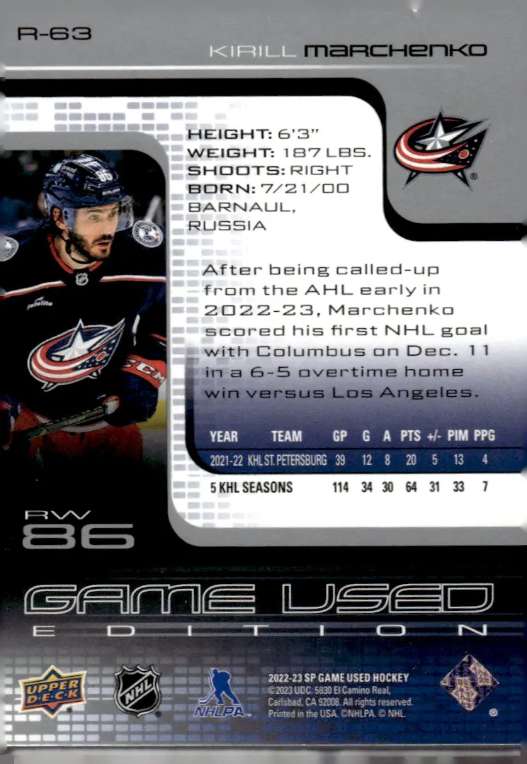 2022-23 SP Game Used #R-63 Kirill Marchenko (back)