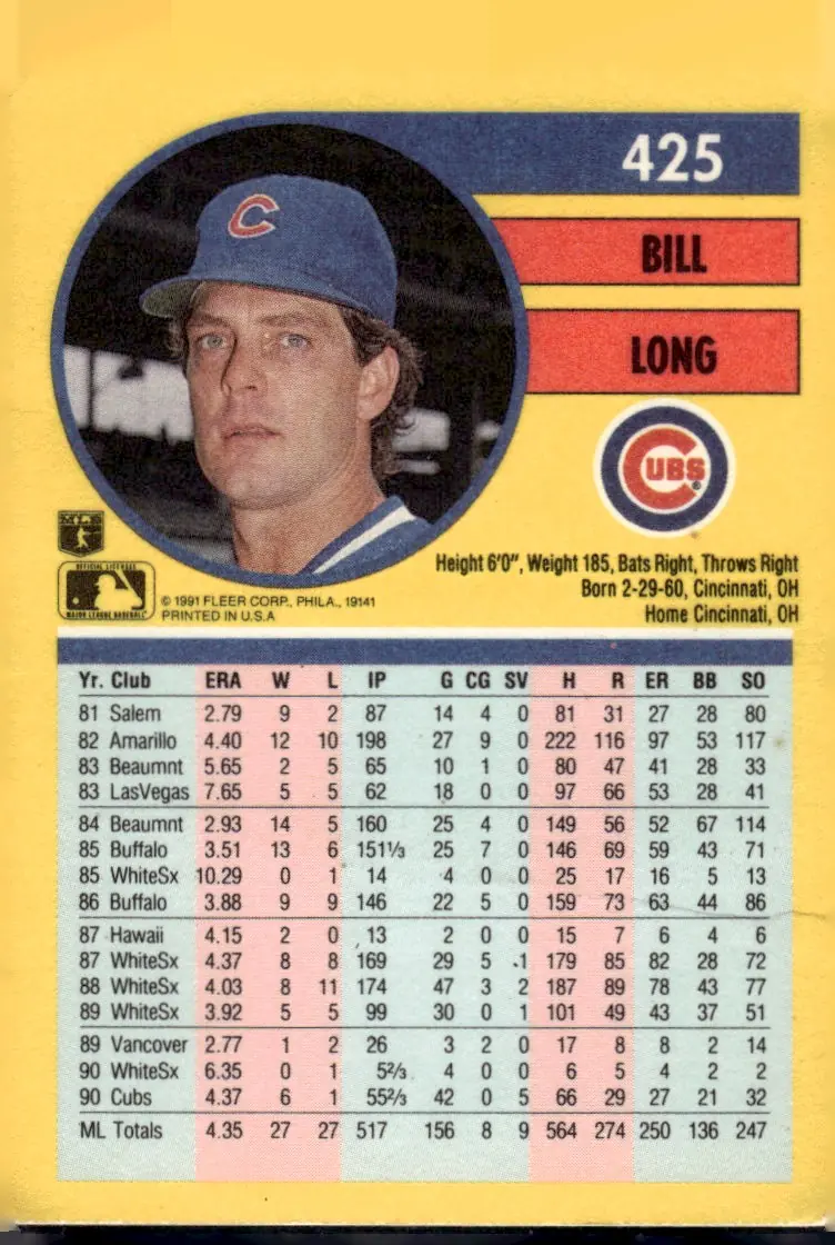 1991 Fleer #425 Bill Long (back)