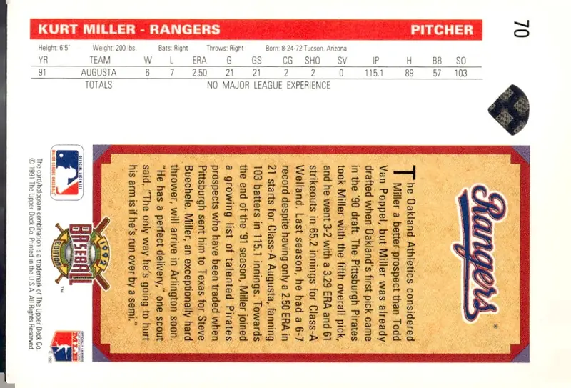 1992 Upper Deck #70 Kurt Miller (back)