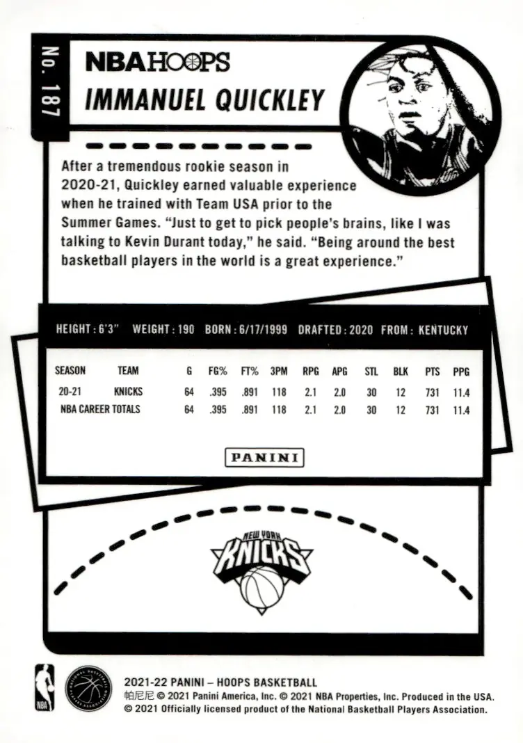 2021-22 NBA Hoops #187 Immanuel Quickley (back)