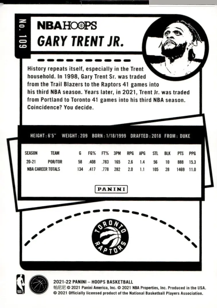 2021-22 NBA Hoops #109 Gary Trent Jr. (back)