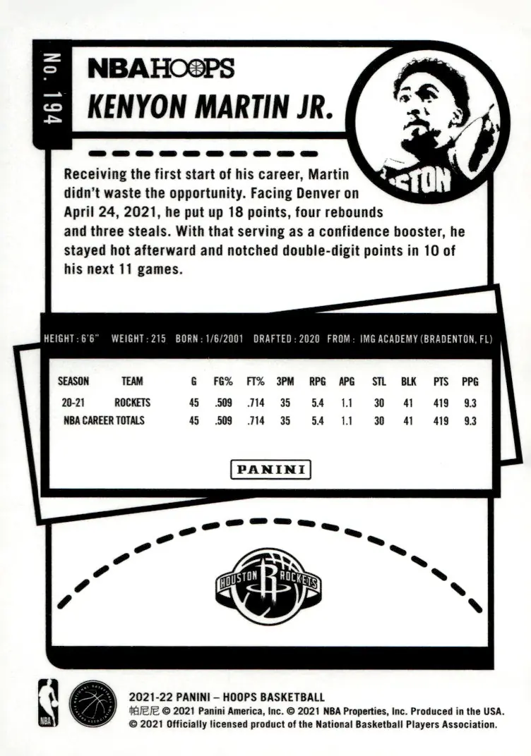 2021-22 NBA Hoops #194 Kenyon Martin Jr. (back)