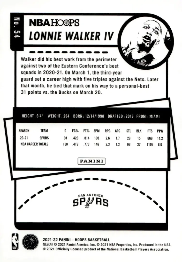 2021-22 NBA Hoops #54 Lonnie Walker IV (back)