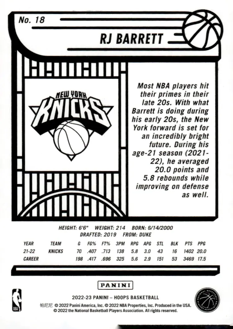 2022-23 NBA Hoops #18 RJ Barrett (back)